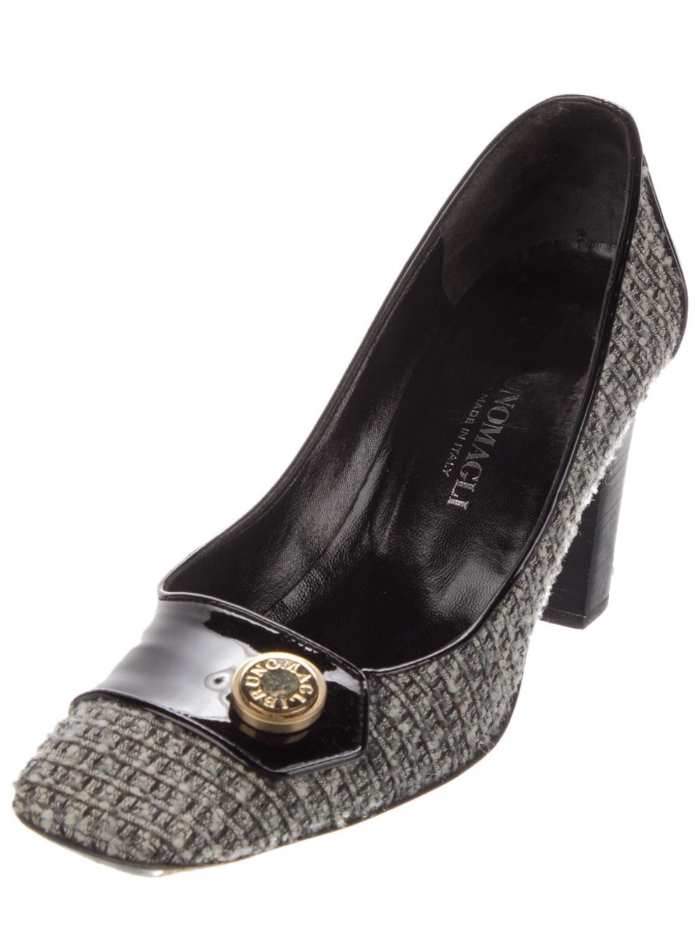 Bruno Magli -Grey Tweed Block Heel Pump with Black Patent Trim - 8.5